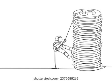 Continuous one line drawing astronaut climbs stack of coins with rope. The entrepreneur trying hard climbing the rope to reach top of coins. Better future. Single line draw design vector illustration