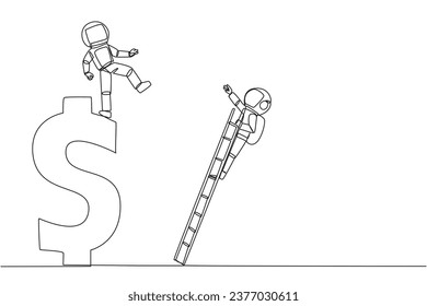 Continuous one line drawing astronaut kicks the rival who is climbing a dollar symbol with ladder. Unhealthy competition. Using rough methods to bring down. Single line draw design vector illustration