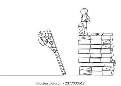 Continuous one line drawing astronaut kicks opponent who is climbs pile of banknotes with ladder. Struggle together but want to achieve big profit alone. Single line draw design vector illustration