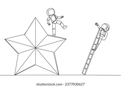 Continuous one line drawing astronaut kicks opponent who is climbing the star with the ladder. Dropping opponents from achieving the same dream. The rival. Single line draw design vector illustration