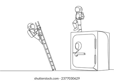 Continuous one line drawing astronaut kicks opponent who is climbs safe deposit box with ladder. Dropped roughly. Unable to save important files. The rival. Single line draw design vector illustration