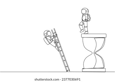 Continuous one line drawing astronaut kicks opponent who climbing the hourglass with a ladder. Not able to complete deadlines well. Dropped roughly. Rival. Single line draw design vector illustration