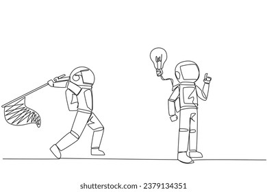 Kontinuierliche Zeichnung einer Linie Astronaut, der eine Idee kommt. Eine geniale Idee, die von einem Geschäftspartner gestohlen wird. Cheizung im Geschäft. Verratyal. Vektorgrafik-Design für einzelne Linien