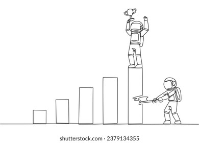 Continuous one line drawing astronaut achieves the highest honors. The hypocrite who doesn't like business partner's happiness. Thorn in the flesh. Traitor. Single line draw design vector illustration