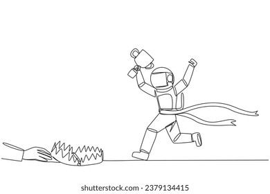 Continuous one line drawing astronaut running with trophy. Dangerous business trap. A trap that really brings down a business. Fake friend. Traitor. Rival. Single line draw design vector illustration