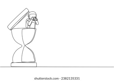 Continuous one line drawing astronaut emerges from hourglass looking for something through binoculars. Counting down to homecoming from a space expedition. Single line draw design vector illustration