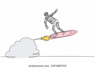 Continuous one line drawing astronaut riding surfing board rocket flying in moon surface. Exploration between planets in the vast space. Cosmonaut outer space. Single line design vector illustration