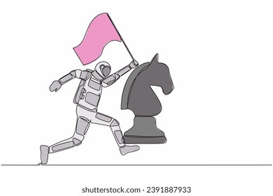 Astronauta de una línea continua que corre y sostiene la bandera al lado de una pieza de ajedrez. Celebrando el triunfo de la expedición intergaláctica. Espacio ultraterrestre Cosmonauta. Ilustración vectorial de diseño de una sola línea