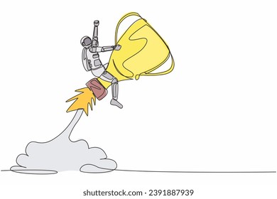 Continuous one line drawing astronaut riding trophy rocket flying in moon surface. Improve science capabilities to win competition. Cosmonaut outer space. Single line draw design vector illustration