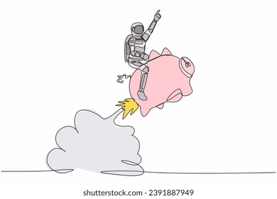 Continuous one line drawing astronaut riding piggy bank rocket flying in moon surface. Financial planning for space exploration. Cosmonaut outer space. Single line design vector graphic illustration