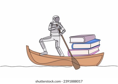 Continuous one line drawing astronaut sailing away on boat with pile of books. higher education and learning to become a cosmonaut. Cosmonaut outer space. Single line draw design vector illustration