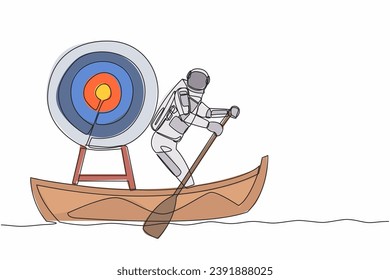 Continuous one line drawing astronaut sailing away on boat with dartboard target. Achieve tech mission to win competition in moon surface. Cosmonaut outer space. Single line design vector illustration
