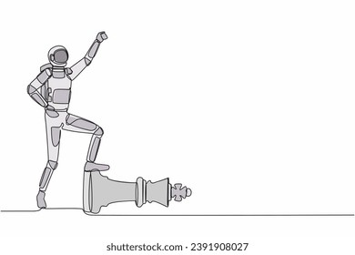 Continuous one line drawing astronaut clench fist up and step on chess king piece in moon surface. Spaceship pilot victory symbol. Cosmonaut outer space. Single line graphic design vector illustration
