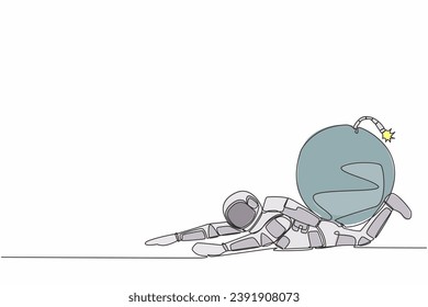 Kontinuierliches Zeichnen einer Linie Astronaut unter schwerer Bombenbelastung. Spaceship-Unternehmen in der Schuldenexplosion. Problem der Finanzkrise. Weltraum der Kosmonauten. Grafik-Design für einzelne Linien, Vektorgrafik