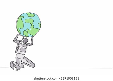 Continuous one line drawing astronaut carrying heavy globe on his back. Earth exploitation, galactic pollution. World population crisis. Cosmonaut outer space. Single line design vector illustration