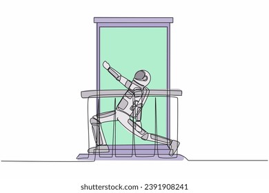 Continuous one line drawing astronaut with headphone practices yoga near window or balcony in moon surface. Sport, workout, exercise. Cosmonaut outer space. Single line draw design vector illustration