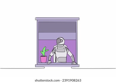 Continuous one line drawing astronaut looking outside window in moon surface. Spaceman with a plant watching out the window. Cosmonaut outer space. Single line draw graphic design vector illustration