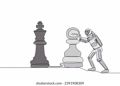 Continuous one line drawing astronaut push huge pawn chess piece to take down king. Big dreams conquer intergalactic exploration. Cosmonaut outer space. Single line design vector graphic illustration