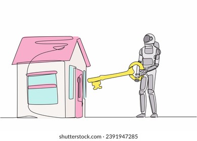 Continuous one line drawing astronaut putting big key into house. Investing money in real estate. Property mortgage in outer planet. Cosmonaut outer space. Single line draw design vector illustration