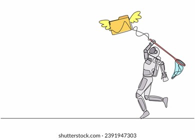 Continuous one line drawing astronaut try to catch flying folder icon with butterfly net. Analysis spaceship document, file archive. Cosmonaut outer space. Single line draw design vector illustration