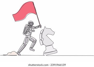 Astronauta de una línea continua que corre y sostiene la bandera al lado de una pieza de ajedrez. Celebrando el triunfo de la expedición intergaláctica. Espacio ultraterrestre Cosmonauta. Ilustración vectorial de diseño de una sola línea