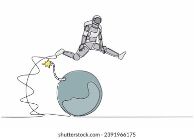 Kontinuierlich eine Linie zeichnen Astronaut Springen über Bombe. Die Explosion der Wirtschaftskrise hat die Entwicklung von Raumfahrtunternehmen beeinträchtigt. Weltraum der Kosmonauten. Vektorgrafik-Design für einzelne Linien