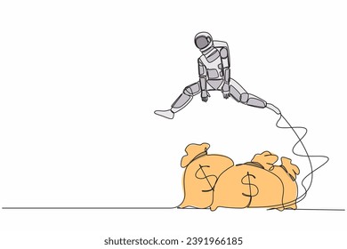 Continuous one line drawing astronaut jumping over money bag. Loan capital funding for space company, money help in crisis. Cosmonaut outer space. Single line draw graphic design vector illustration