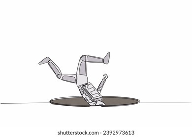 Continuous one line drawing astronaut falling into deep hole. Protruding legs from hatch. Failure in spaceship galactic expedition. Cosmonaut outer space. Single line draw design vector illustration