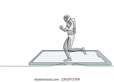 Un astronauta de dibujo continuo de una línea corriendo en la cinta de la pantalla del smartphone. Practique fitness app y deporte. Control cardiovascular digital. Espacio ultraterrestre Cosmonauta. Ilustración vectorial de diseño de líneas simples