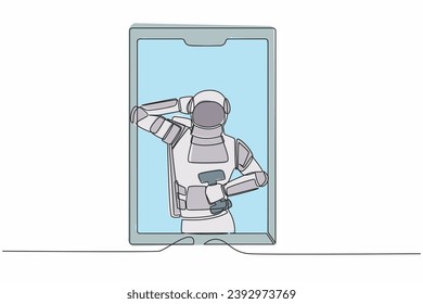 Continuous one line drawing astronaut online fitness trainer. Spaceman with dumbbells on phone screen. Training via Internet video call. Cosmonaut outer space. Single line design vector illustration