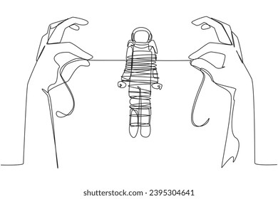 Un astronauta de una línea contínuo parado y atado por una cuerda sostenida por dos manos gigantes. Conviértete en prisionero. Rehén al caso de fraude. Expedición espacial fallida. Ilustración vectorial de diseño de líneas simples