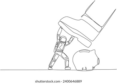 Continuous one line drawing astronaut holds back giant foot wants to step on piggy bank. Precautions not to disrupt preparations for space expeditions. Single line draw design vector illustration