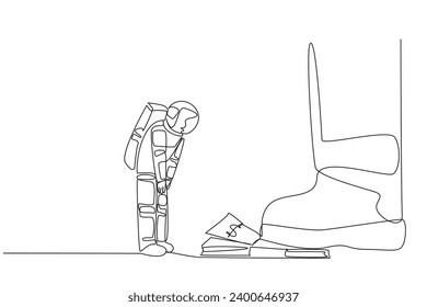 Continuous one line drawing astronaut nodded in front of giant foot stepping on stack of banknotes. Requesting additional expedition funds. Cosmic concept. Single line draw design vector illustration