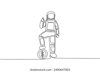 Continuous one line drawing astronaut stands in a thumbs up pose, steps on a coin with dollar symbol. Inviting to make expedition donations. Cosmonaut. Single line draw design vector illustration