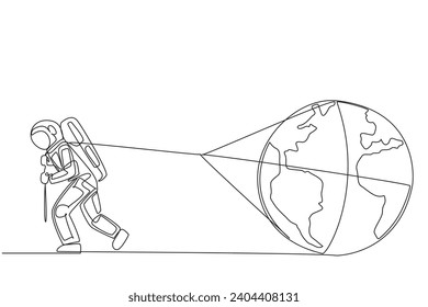 Continuous one line drawing astronaut struggled to pull globe. Earth is always peaceful and beautiful is anyone's dream. Cosmonauts guard it from damage. Single line draw design vector illustration