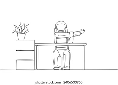 Continuous one line drawing astronaut sitting in a work chair with his arms crossed. Warm up seriously before continuing busy work. Cosmonaut outer space. Single line draw design vector illustration