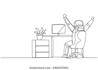 Continuous one line drawing astronaut sit on chair opening and raising his hands. Stretching. Squirming. Releasing fatigue due to lots of work. Spaceman. Single line draw design vector illustration