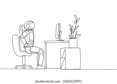 Continuous one line drawing astronaut sitting in a work chair with hands holding his waist. Stretching the waist. Nervousness makes it feel stiff. Spaceman. Single line draw design vector illustration