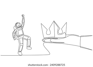 Continuous one line drawing astronaut happy to get the crown from a giant hand. Success symbol. Luxury. The space mission is complete. Cosmonaut deep space. Single line draw design vector illustration