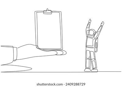 Continuous one line drawing the astronaut was excited to get the clipboard from a giant hand. Making checklists. Manual expedition recording. Cosmonaut. Single line draw design vector illustration