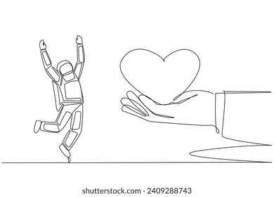 Continuous one line drawing the astronaut is happy to get love from the giant hand. Welcomed by loved ones on earth. A very successful mission. Cosmonaut. Single line draw design vector illustration