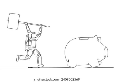 Continuous one line drawing astronaut holding a big hammer chasing big running piggy bank. Serious financial problems. Need additional funds. Cosmonaut. Single line draw design vector illustration