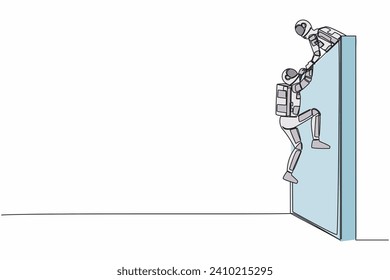 Continuous one line drawing astronaut helping another spaceman climb wall by pulling him to the top. Teamwork in space industry. Cosmonaut outer space. Single line graphic design vector illustration