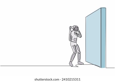 Continuous one line drawing of astronaut standing and confused in front of brick wall barriers. Stressed due to space expedition. Cosmonaut outer space. Single line graphic design vector illustration svg