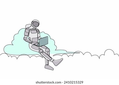 Continuous one line drawing astronaut sitting on cloud in sky and working with laptop. Wireless internet connection in space control. Cosmonaut outer space. Single line draw design vector illustration