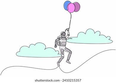 Continuous one line drawing astronaut flying with balloon air. Achieve journey independence. Future space technology development. Cosmonaut outer space. Single line graphic design vector illustration