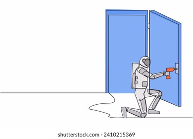 Continuous one line drawing astronaut with drill, repair door element. Future house decoration. Home reparation in moon surface. Cosmonaut outer space. Single line graphic design vector illustration