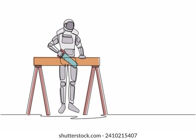 Continuous one line drawing astronaut builder or carpenter sawing wooden boards. Spaceman ability to repair operating system. Cosmonaut outer space. Single line draw graphic design vector illustration