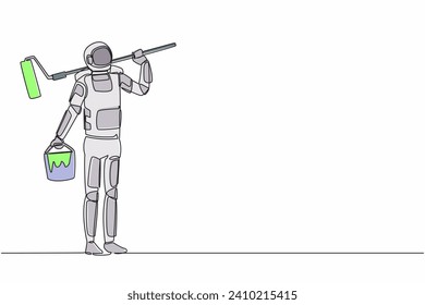 Continuous one line drawing astronaut painter standing with bucket of paint and paint roller. Future space technology development. Cosmonaut outer space. Single line graphic design vector illustration svg