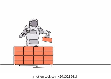 Continuous one line drawing astronaut building brick wall. Future house development. Preparation home reparation on moon surface. Cosmonaut outer space. Single line graphic design vector illustration